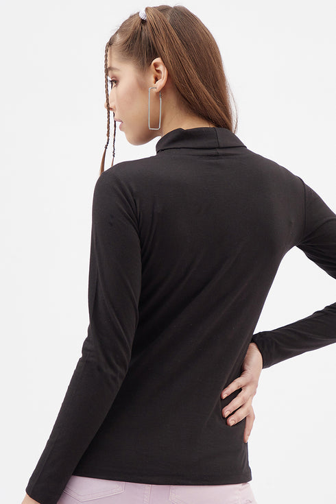 Women Black Highneck Full sleeves T-shirt